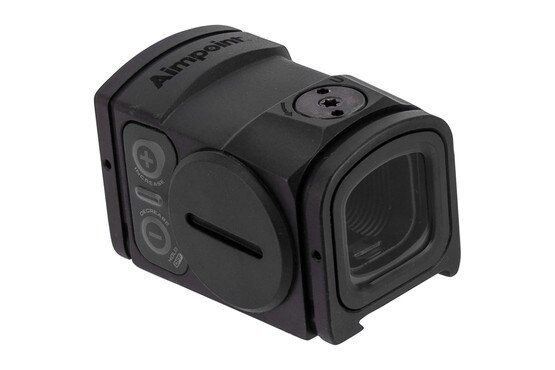 Enclosed emitter red dot optic, black.